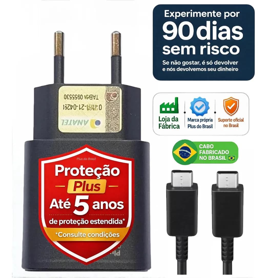 Plus Do Brasil Carregador Turbo Para Samsung Galaxy S25 S24 S23 S22 S21 S20 Fe Ultra Motorola M22 M31 M32 M62 M63 M64 G15 Xiaomi Redmi Note 12 13 14 15 - Cabo Blindado Tipo Usb C