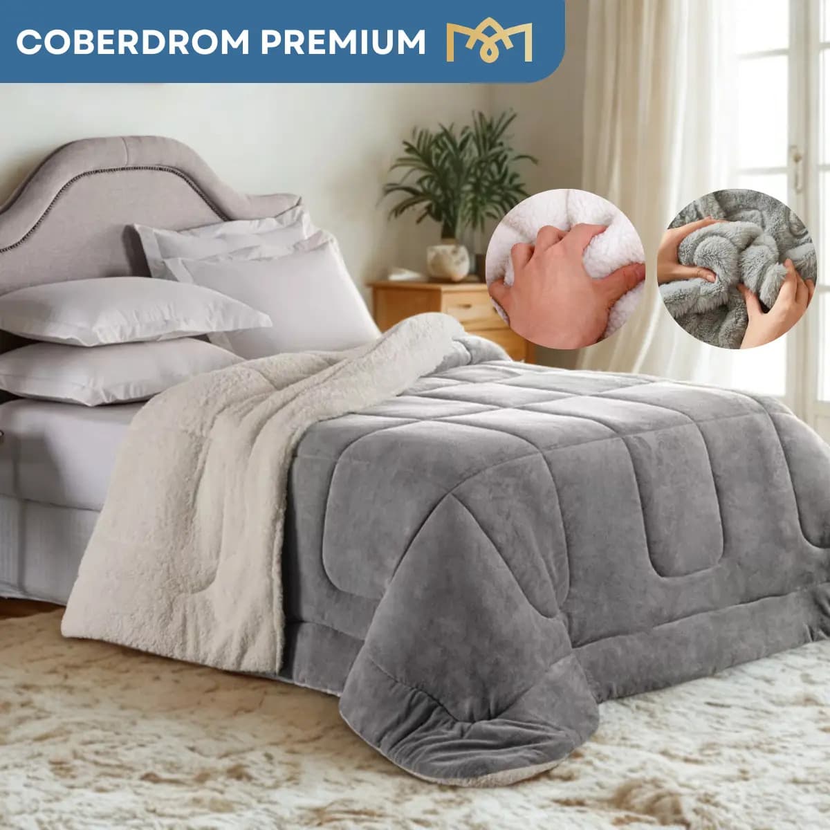 Edredom Sherpa Casal Queen Aconchegante Ebenezer Shop Dupla Face Cinza