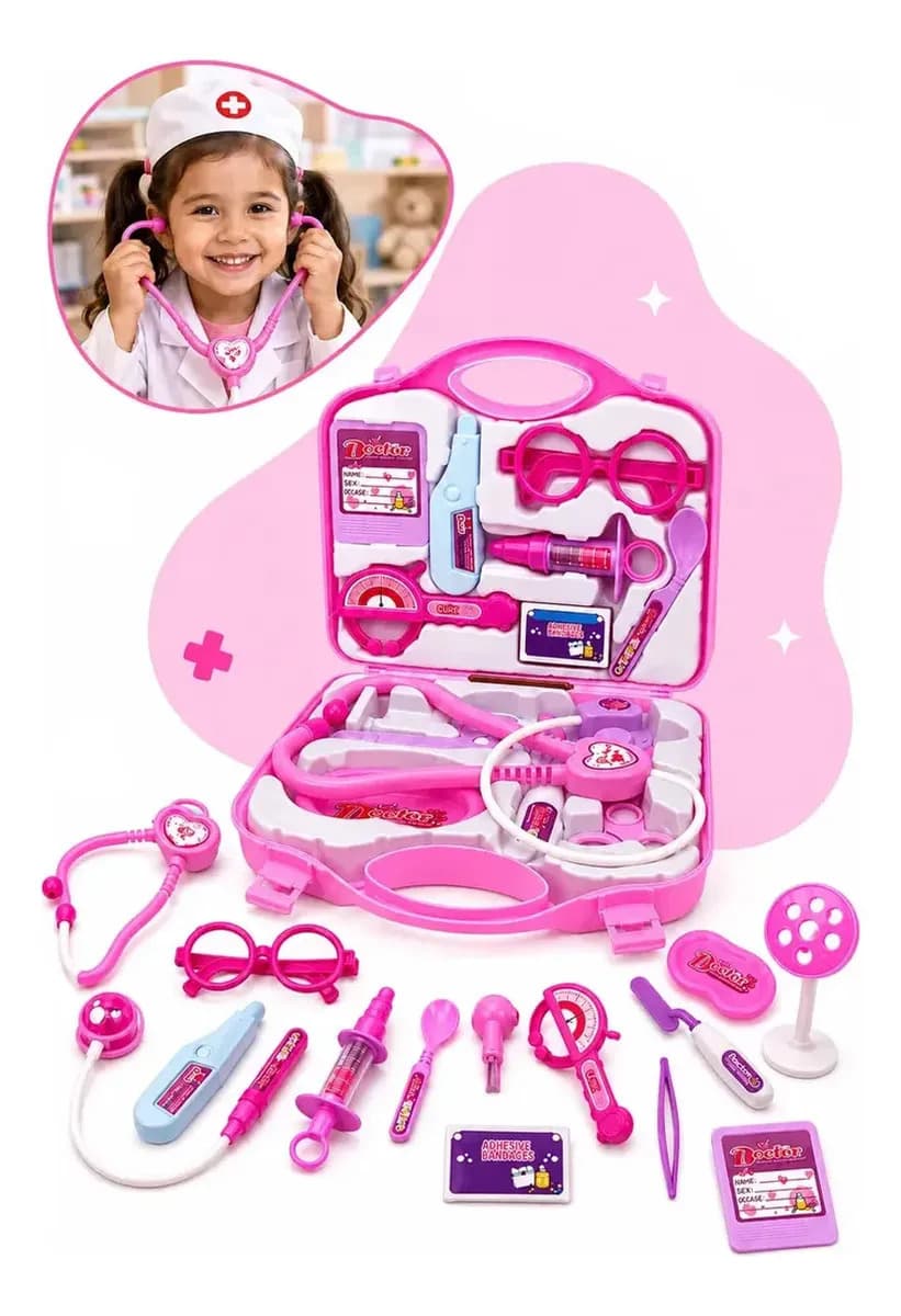 Kit Médico Maleta Doutor Maletinha Brinquedo Infantil Educativo Profissão Rosa Completo Com Acessórios Kizumba