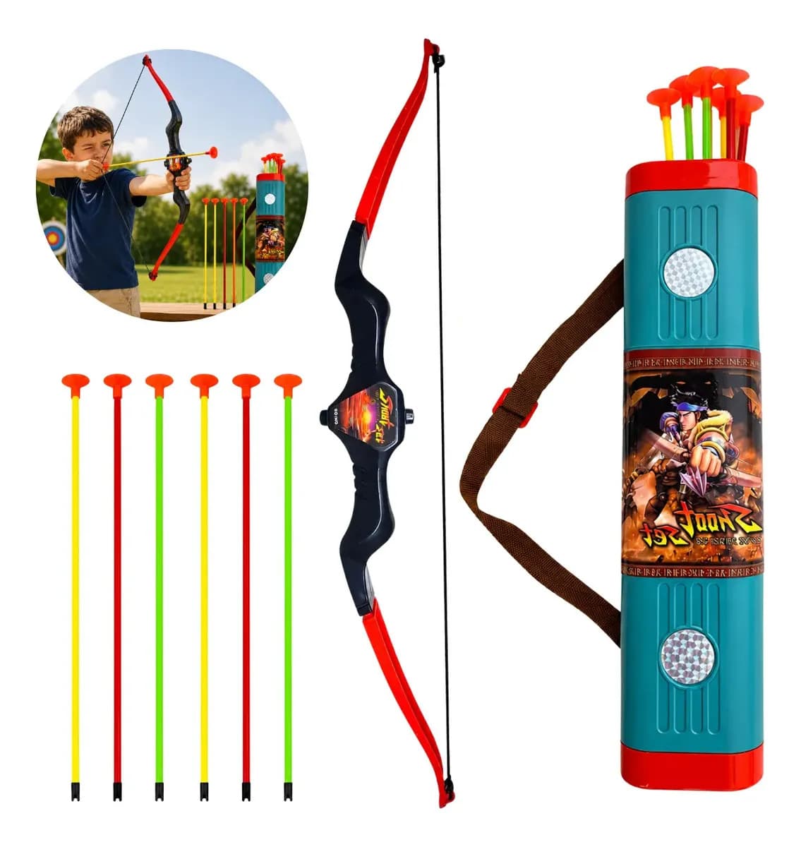 Arco E Flecha Europio Infantil Com Bolsa Aljava Lançador + Dardos
