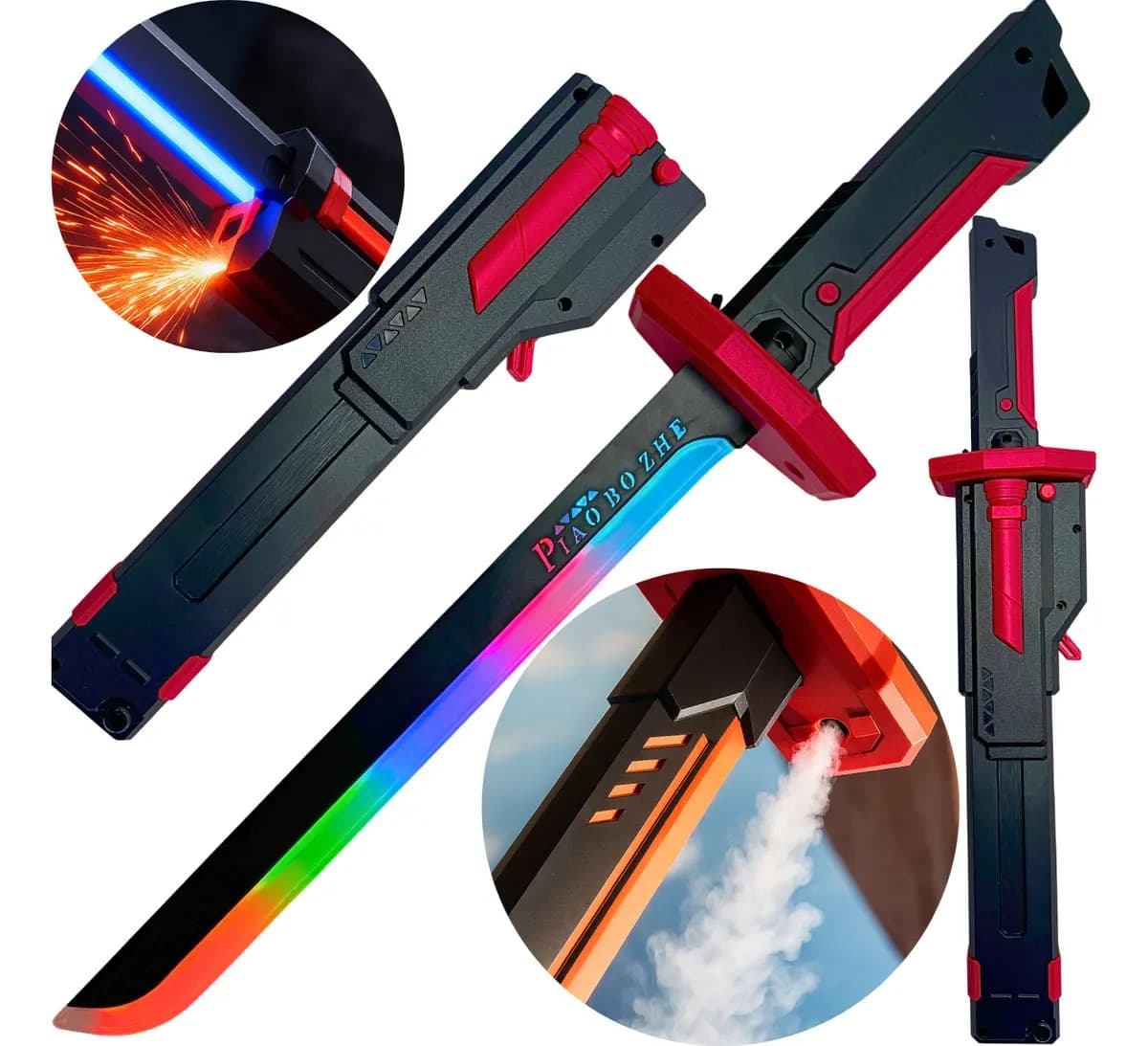 Espada Katana Com Led Rgb Zornix 44cm,lançador De Fumaça Com Reservatório De Água,lança Faísca Ao Abrir, Efeitos Sonoros, Botão Liga E Desliga, Sabre Iluminado Decoração