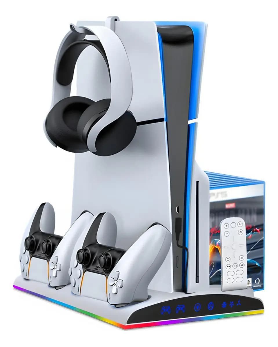 Base Cooler Dobe para PS5 Slim e Fat c/ Portos de Carga e RGB Branca