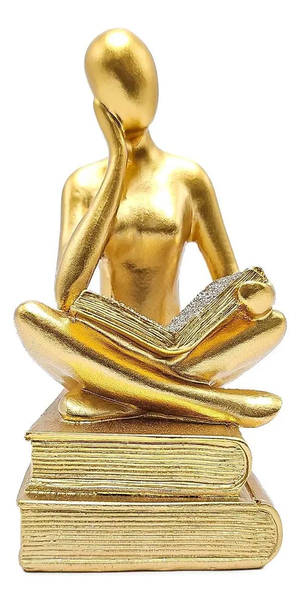 Estátua Figura Pensador Enfeite Casa Mesa Escritório Luxo Cor Livro Colo Dourado