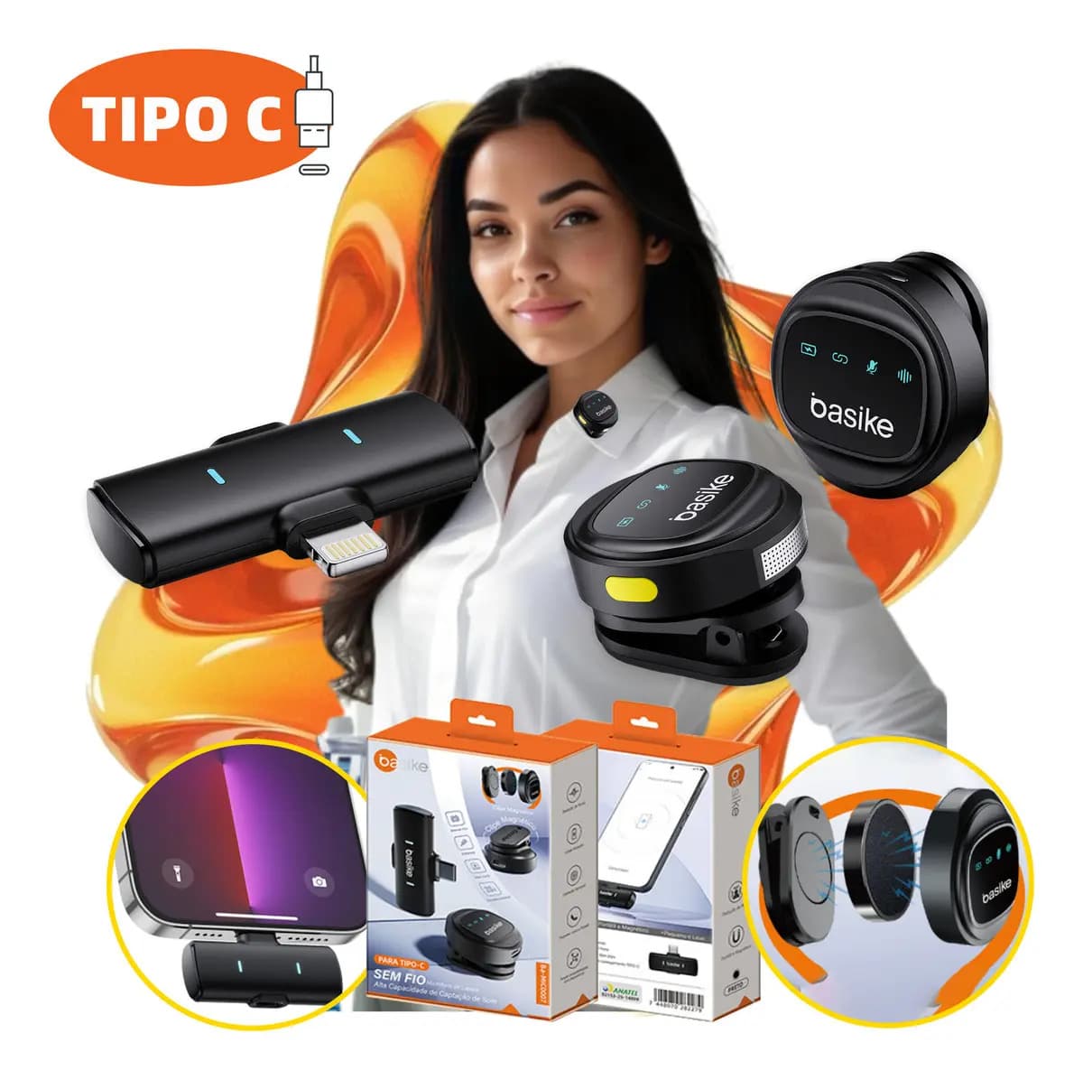 Basike Microfone Lapela Anti Ruido Duplo Magnético Sem Fio Clipe iPhone Samsung Tipo C Profissional Kit Para Podcast Vlog Video Celular Ba-mic0007 Com Redução De Ruído Combo Duplo Para 2 Pessoas