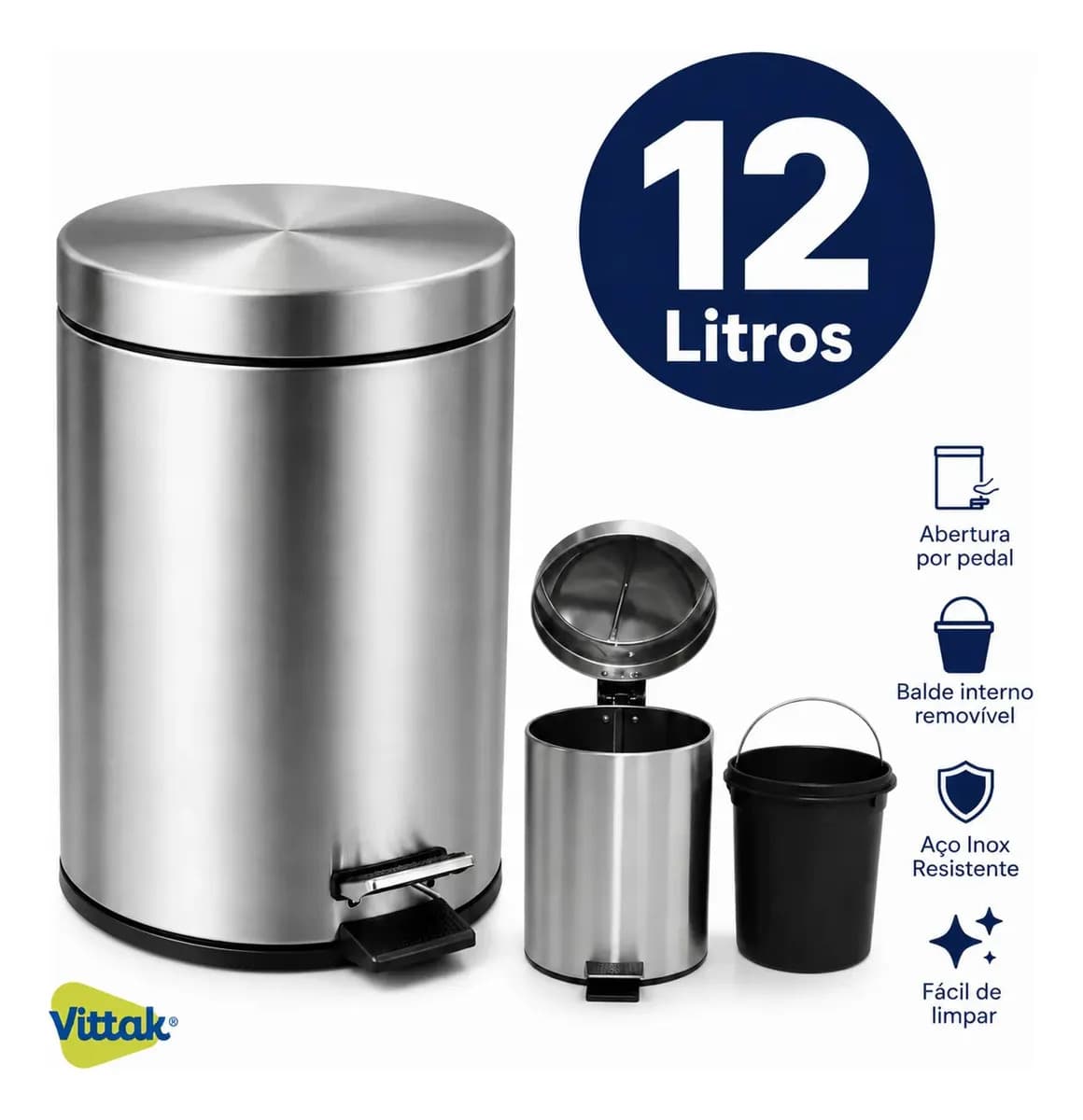 Vittak Lixeira Inox C/ Pedal E Balde Cesto Lixo Removível 12l Banheiro Cozinha
