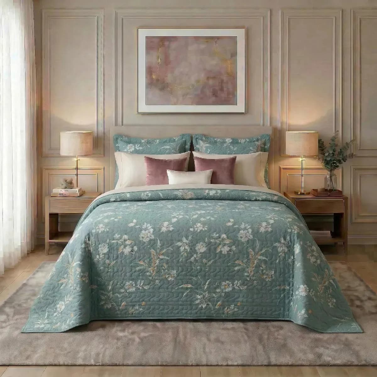 Colcha Cobre Leito Queen Estampada Floral Dupla Face Kit 3 Peças Microfibra 150 Fios Matelassê Antialérgica Porta Travesseiro Aba Americana Não Desbota Toque Macio Leve Cama Box Secagem Rápida