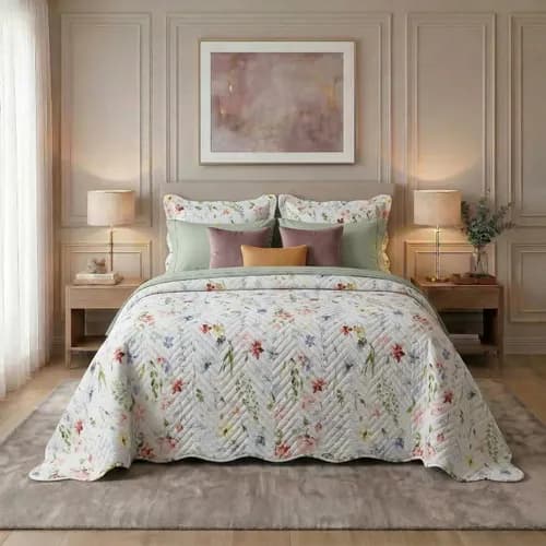 Kit Colcha Queen 3 Peças Cobre Leito Estampado Dupla Face - R$ 96,9