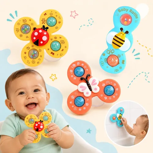 Kit 3 Spinner Brinquedo Bebê Gira C/ Ventosa Sensorial Banho - R$ 31,99